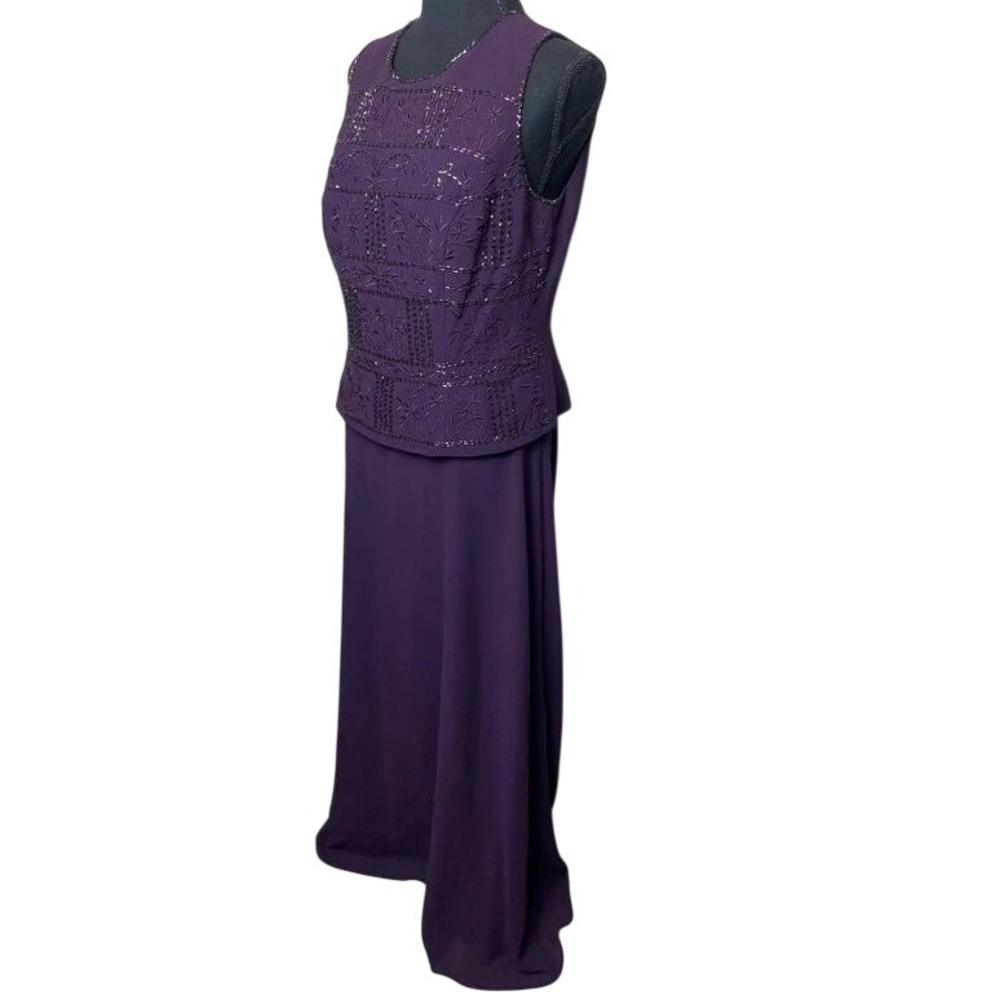 Vintage Karen Miller New York Beaded Formal Maxi Dress Mock 2pc Purple Size 10